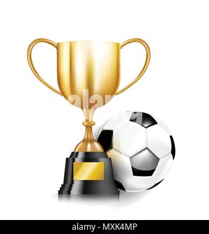 Golden Trophy tazze e pallone da calcio calcio isolati su sfondo bianco illustrazione vettoriale, con spazio di copia Illustrazione Vettoriale