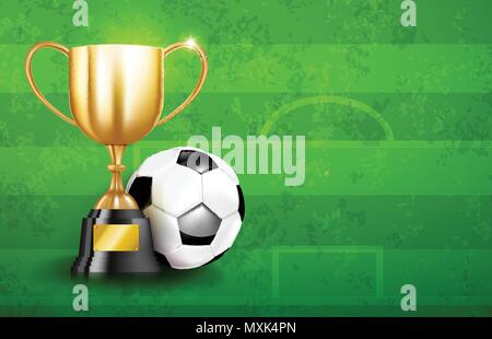 Golden Trophy tazze e pallone da calcio calcio greeen campo in erba illustrazione vettoriale, con spazio di copia Illustrazione Vettoriale