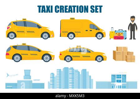 Taxi creazione set con diversa tipologia di macchina yellow cab, driver, bagagli, pacchetto, edificio di aeroporto, città e hotel. Appartamento illustrazione vettoriale Illustrazione Vettoriale