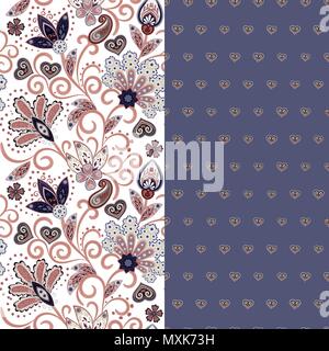 Set di due orizzontali seamless motivo floreale con paisley e fantasia fiori confine. Disegnata a mano la texture per i vestiti, biancheria, tessuto del vestito ecc. Lillà Illustrazione Vettoriale