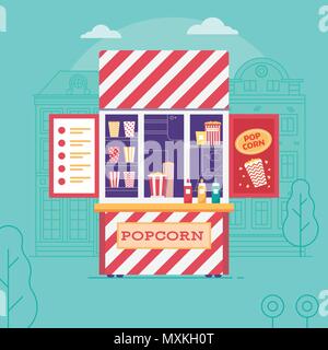 Vendita chiosco popcorn o cibo di strada in stallo Illustrazione Vettoriale