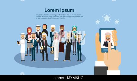 Gadget mano azienda scelta dal candidato arab business persone group HR concetto banner con copia spazio flat Illustrazione Vettoriale