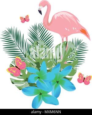 Illustrazione vettoriale di un flamingo, blu e fiori tropicali e farfalle rosa Illustrazione Vettoriale