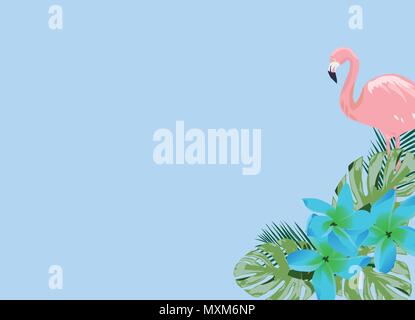 Illustrazione vettoriale di un fenicottero e blu fiori tropicali Illustrazione Vettoriale