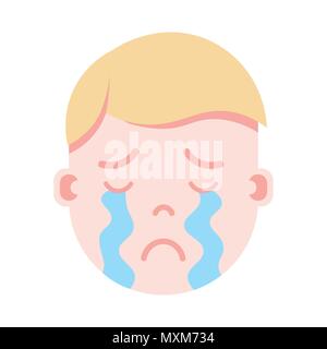 Testa di ragazzo gli Emoji personaggio icona con emozioni facciali, avatar carattere, uomo in lacrime con diverse emozioni maschio concetto. design piatto. Illustrazione Vettoriale