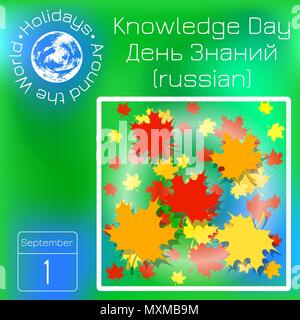 1 settembre. Giorno della conoscenza in Russia. Foglie di acero, sfondo verde. Calendario. Vacanze in tutto il mondo. Evento di ogni giorno. Green blur sullo sfondo - Illustrazione Vettoriale