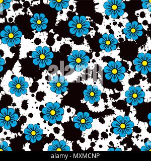Flower pattern. Piccoli fiori blu su uno sfondo di inchiostro. Uso su carta da parati, tessuti e texture Illustrazione Vettoriale