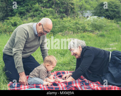 Due nonni un re a giocare con il loro bambino nipote su una coperta picnic nella natura Foto Stock