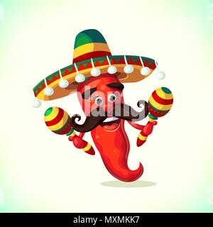 Peperone rosso che indossa sombrero e con le maracas. Cartoon mascotte messicana Peperoncino in con i baffi. Simboli della vacanza messicana Cinco de Mayo. illustrazione vettoriale Illustrazione Vettoriale