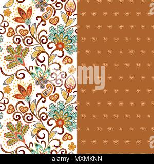 Set di due orizzontali seamless motivo floreale con paisley e fantasia fiori confine. Disegnata a mano la texture per i vestiti, biancheria, tessuto del vestito ecc. Brown Illustrazione Vettoriale