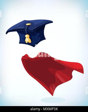 College alumni hat. Tappo di graduazione con oro tassel Costume Masquerade copricapo. Il carnevale o maschera di Halloween. Fumetto illustrazione vettoriale Illustrazione Vettoriale