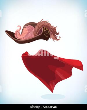 Musketeer hat con piuma. Vintage pirate hat. Costume Masquerade copricapo. Il carnevale o maschera di Halloween. Fumetto illustrazione vettoriale Illustrazione Vettoriale