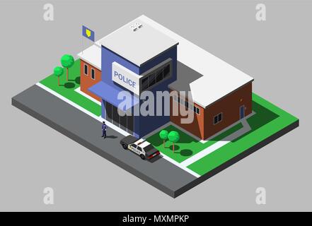 Vettore edificio isometrica del dipartimento di polizia di poliziotto e auto della polizia. Illustrazione Vettoriale