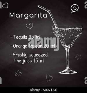Ricetta semplice per un cocktail alcoolico Margarita. Disegno di gesso su una lavagna. Illustrazione vettoriale di un disegno stile. Illustrazione Vettoriale