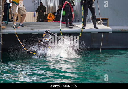 Un U.S. Ingegnere esercito subacqueo con l'Ingegnere 511th Dive distacco da Fort Eustis, Va. salta fuori la MG Charles P. lordo (sostegno logistico nave-5) e nel Golfo Arabico, al largo della costa del Kuwait base navale, di mettere in pratica le procedure di immersione nov. 18, 2016. Le due settimane di esercitazione, Funzionamento Deep Blue, Esercito richiesto subacquei per mettere in pratica le loro procedure di immersione e di reagire al subacqueo di scenari di emergenza. (U.S. Esercito foto di Sgt. Angela Lorden) Foto Stock