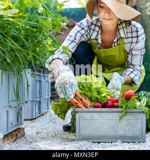 Bellissima femmina giovane agricoltore di fresco con ortaggi raccolti nel suo giardino. Homegrown bio produrre concetto. Proprietario di piccola impresa. Azienda agricola sostenibile. Foto Stock