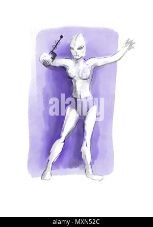 Femmina aliena tenendo un dipinto del dispositivo Foto Stock