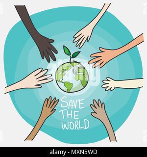 Giornata mondiale dell'ambiente e di uno sviluppo sostenibile per l'ambiente. concetto popolare mani di volontariato piantagione Green Globe e albero per salvare ambiente natura conser Illustrazione Vettoriale