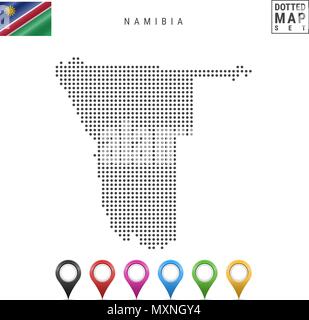 Vettore Mappa punteggiata di Namibia. Semplice Silhouette della Namibia. Bandiera Nazionale della Namibia. Insieme multicolore i marcatori mappa Illustrazione Vettoriale