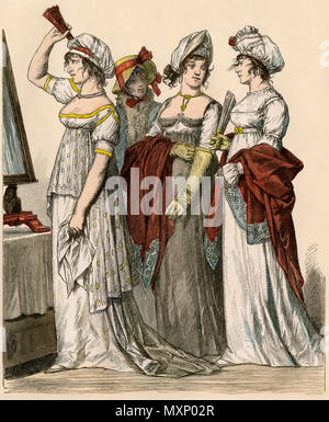 Francese e Tedesco ladies in stile impero abiti, 1802-1804. Colorate a mano la stampa Foto Stock