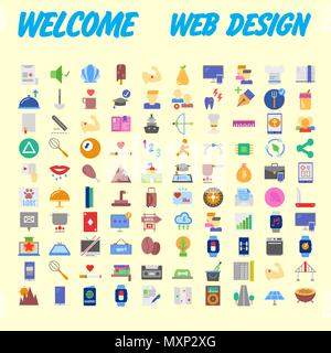 Set di 100 universale e le icone standard su una superficie piatta colorata con su sfondo arancione. Illustrazione Vettoriale Illustrazione Vettoriale