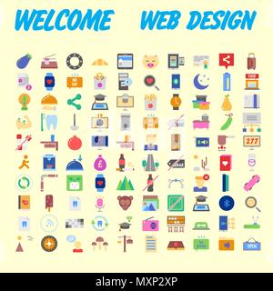 Set di 100 universale e le icone standard su una superficie piatta colorata con su sfondo arancione. Illustrazione Vettoriale Illustrazione Vettoriale