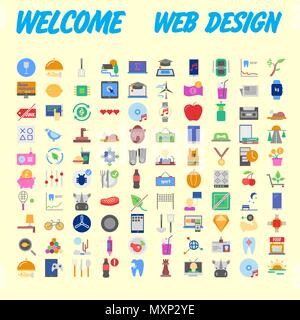 Set di 100 universale e le icone standard su una superficie piatta colorata con su sfondo arancione. Illustrazione Vettoriale Illustrazione Vettoriale