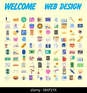 Set di 100 universale e le icone standard su una superficie piatta colorata con su sfondo arancione. Illustrazione Vettoriale Illustrazione Vettoriale