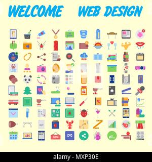 Set di 100 universale e le icone standard su una superficie piatta colorata con su sfondo arancione. Illustrazione Vettoriale Illustrazione Vettoriale