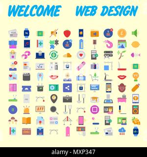 Set di 100 universale e le icone standard su una superficie piatta colorata con su sfondo arancione. Illustrazione Vettoriale Illustrazione Vettoriale