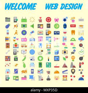 Set di 100 universale e le icone standard su una superficie piatta colorata con su sfondo arancione. Illustrazione Vettoriale Illustrazione Vettoriale