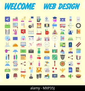 Set di 100 universale e le icone standard su una superficie piatta colorata con su sfondo arancione. Illustrazione Vettoriale Illustrazione Vettoriale