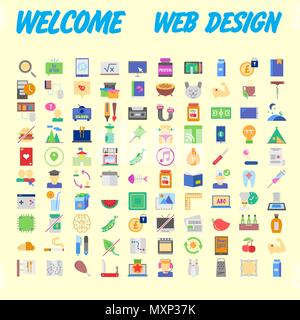 Set di 100 universale e le icone standard su una superficie piatta colorata con su sfondo arancione. Illustrazione Vettoriale Illustrazione Vettoriale