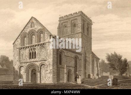 Santa Maria Vergine Chiesa, Iffley, dal S.W., Oxford, da John Le Keux 1837 Foto Stock