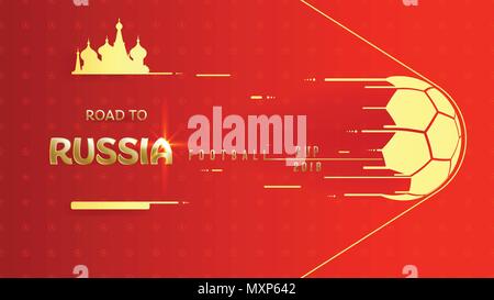 Golden 2018 del campionato del mondo di calcio cup su sfondo rosso. Rapporto di formato 16:9, Poster modello di calcio sfondo, illustrazione vettoriale. Illustrazione Vettoriale
