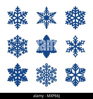 Vector set di 9 fiocchi di neve isolati su sfondo bianco. Anno nuovo e di Natale gli elementi di design. Fiocchi di neve di Natale icona impostare Illustrazione Vettoriale