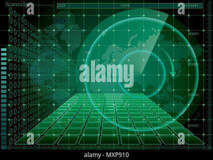 Verde nella schermata Radar e la mappa del mondo Illustrazione Vettoriale