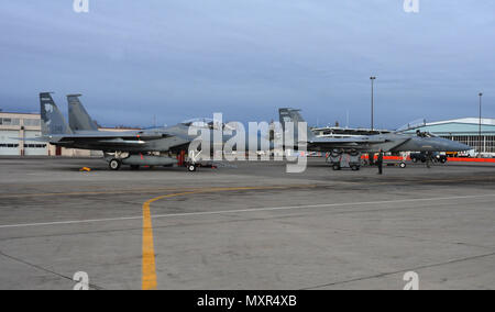 F-15 capo equipaggio e i piloti dal 173rd Fighter Wing preparare a lanunch getti per una missione di formazione in campo Kingsley in Klamath Falls, Oregon, 2 dicembre 2016. Il 173rd Fighter Wing è la casa del sole F-15C base di formazione per la United States Air Force. (U.S. Air National Guard foto di Master Sgt. Jennifer Shirar) Foto Stock