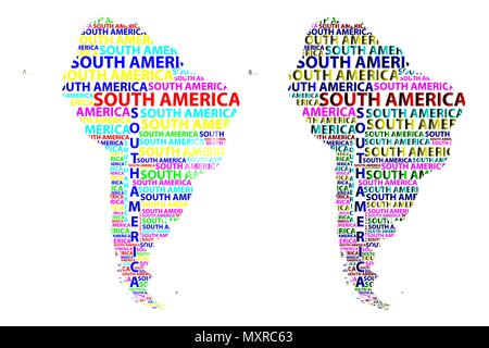 Schizzo Sud America testo lettera continente, Sud America parola - la forma del continente, mappa del continente del Sud America - colore illustra vettore Illustrazione Vettoriale