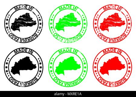 Realizzati in Burkina Faso - timbro di gomma - vettore, Burkina Faso mappa del modello - nero, verde e rosso Illustrazione Vettoriale