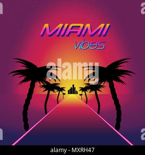 Synthwave Retrò design retrò. Strada al tramonto Illustrazione Vettoriale