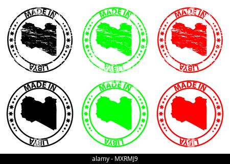 Realizzati in Libia - timbro di gomma - vettore, Libia mappa del modello - nero, verde e rosso Illustrazione Vettoriale