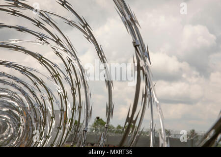 Chiudere fino a spirale di filo di rasoio sulla recinzione metallica a abbandonato nel cortile della prigione. Foto Stock
