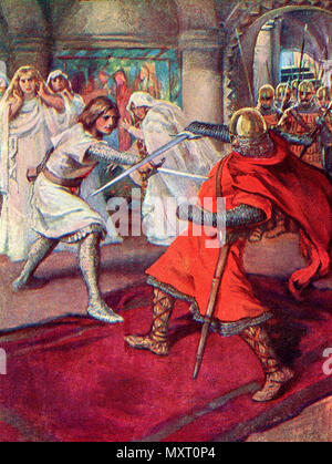 Lohengrin uccide Conte Federico. Da Cavalieri del Graal: Lohengrin, Galahad pubblicato 1909. Foto Stock