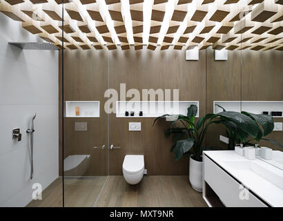 Luminoso bagno moderno design con soffitto e pareti di legno. Vi è un vetro cabina doccia con luce a parete con piastrelle bianche, wc, lavandino con specchio, Foto Stock