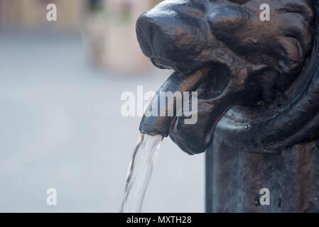 Scultura - metallo testa leone con flusso di acqua Foto Stock