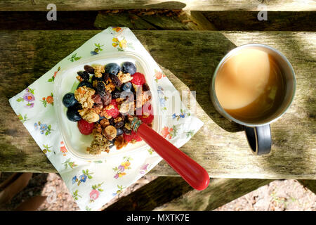 Picnic ciotola di muesli con frutta e yogurt in un quadrato di plastica ciotola con un manico rosso cucchiaio su un tovagliolo di carta sulla destra è una tazza di tè in una silve Foto Stock