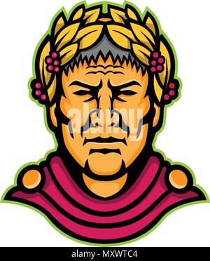 Icona di mascotte illustrazione della testa di Caio Giulio Cesare, un politico romano, militare generale e imperatore del Sacro Romano Impero se visto dalla parte anteriore sulla iso Illustrazione Vettoriale