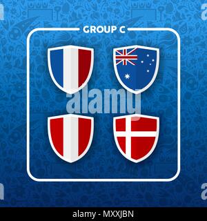 Campionato di calcio programma degli eventi per il 2018. Gruppo C paese elenco team di partita di calcio giochi. Comprende la Francia, Australia, in Perù e in Danimarca. EPS10 ve Illustrazione Vettoriale