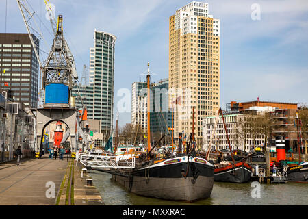Il centro di Rotterdam, Leuvehaven, porto storico, navi storiche, dock, Museo Marittimo, Paesi Bassi, Foto Stock